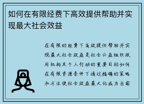 如何在有限经费下高效提供帮助并实现最大社会效益