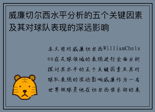 威廉切尔西水平分析的五个关键因素及其对球队表现的深远影响
