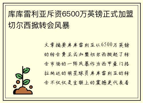 库库雷利亚斥资6500万英镑正式加盟切尔西掀转会风暴 库库雷利亚斥资6500万英镑正式加盟切尔西掀转会风暴