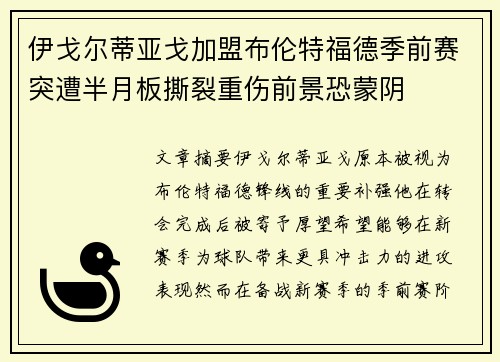 伊戈尔蒂亚戈加盟布伦特福德季前赛突遭半月板撕裂重伤前景恐蒙阴 伊戈尔蒂亚戈加盟布伦特福德季前赛突遭半月板撕裂重伤前景恐蒙阴
