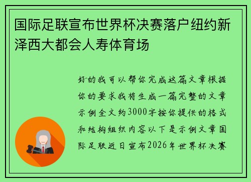 国际足联宣布世界杯决赛落户纽约新泽西大都会人寿体育场 国际足联宣布世界杯决赛落户纽约新泽西大都会人寿体育场